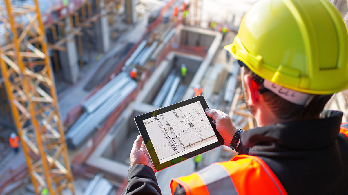 construction site worker working on computer tablet